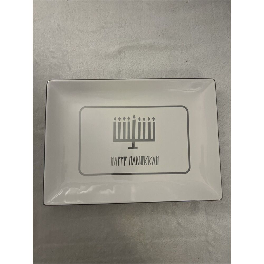 Silver and White Happy‎ Hannukah Ceramic Serving Dish/Platter Holiday